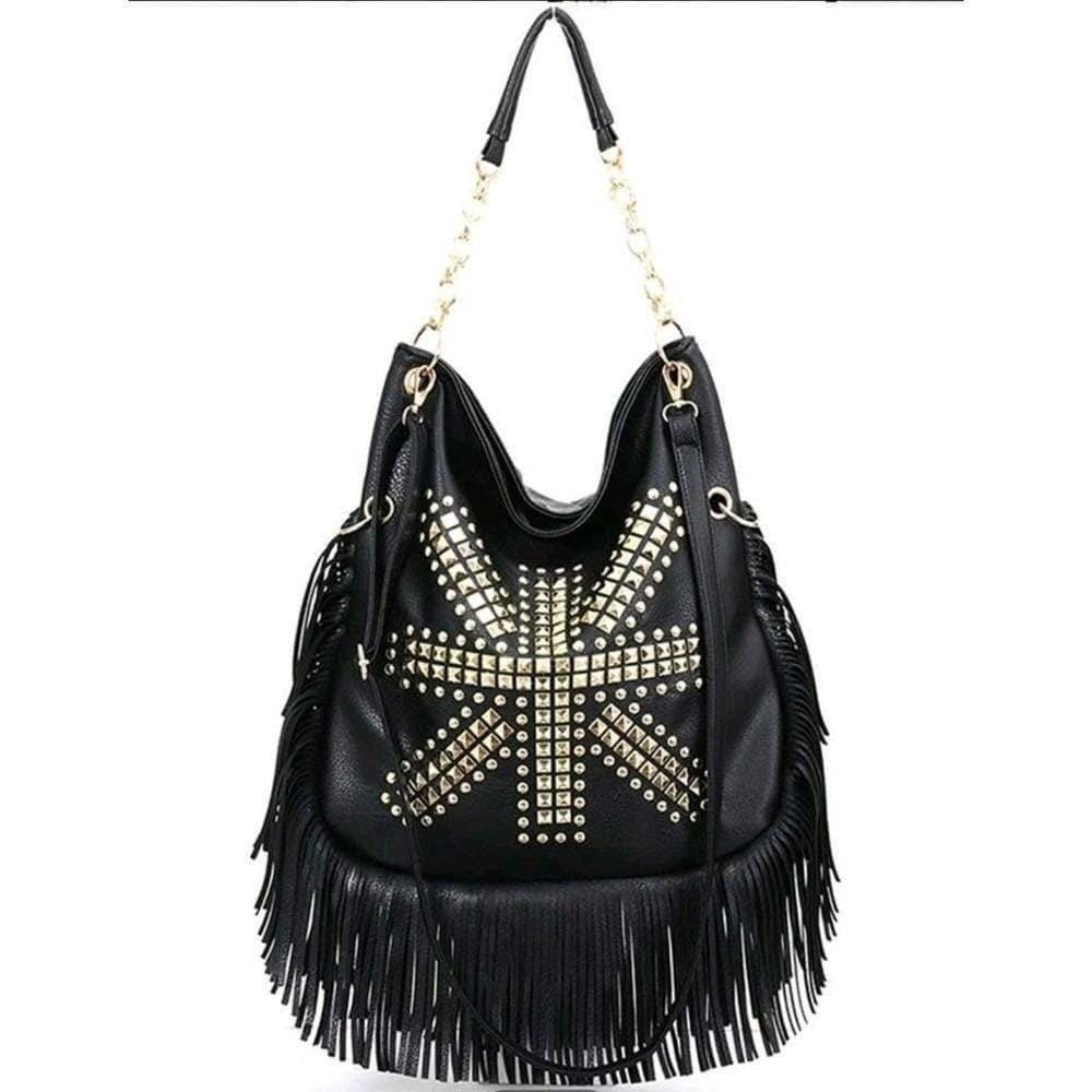 New Boho Chic Black Fringe Shoulder Bag Studded Star Design, Large Capacity